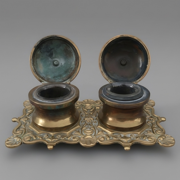 Antique Brass Double Inkwell Ornate Victorian Glass Inserts - Picture 3 of 15